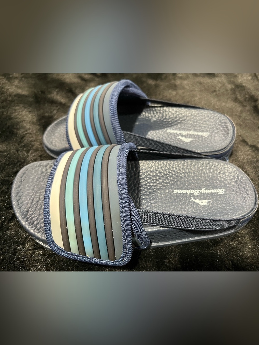 Tommy Bahama Navy Slip-On Sandals with Blue & Teal Stripes